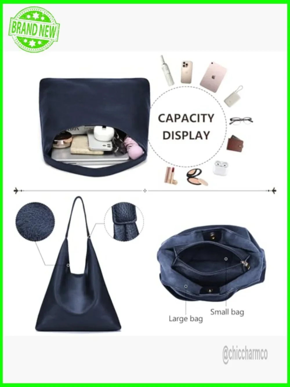 Soft Vegan Leather Hobo Shoulder Bag Slouchy Tote with Cosmetic Purse